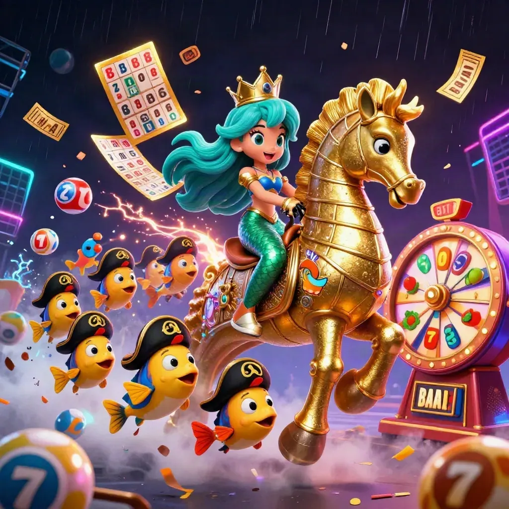 Sereia princesa em seahorse dourado com peixinhos piratas e efeitos neon de cassino