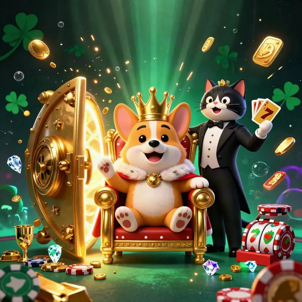 Corgi rei no trono de fichas com mordomo-gato, cofre dourado e ouro brilhando em cassino premium.