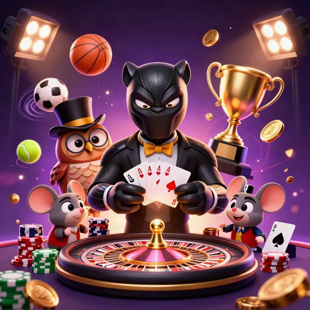 Pantera tuxedo, coruja e rato em fichas, com roleta, troféu, bolas e luzes neon.