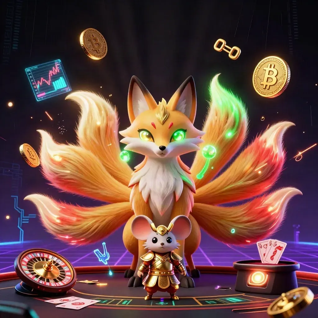 Raposa de nove caudas com rato samurai, moedas neon e roda de roleta em cena luxuosa