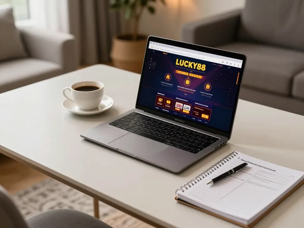 Engaged user playing on the LUCKY88 online casino interface in a cozy home environment
