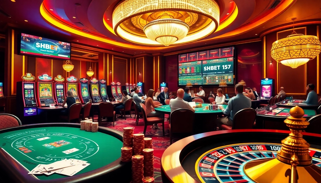 SHBET online casino scene with engaged players at gaming tables and vibrant slot machines.