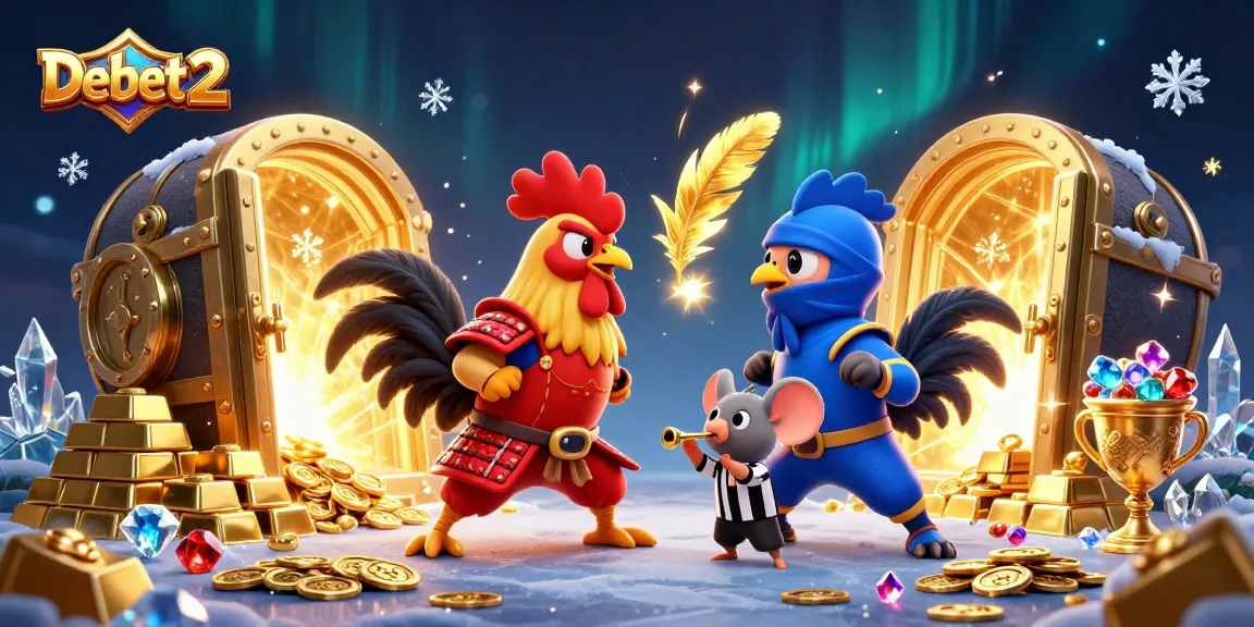 Experience the thrilling showdown of Debet 2 with cartoon fighting roosters in a dazzling gold-filled arena.