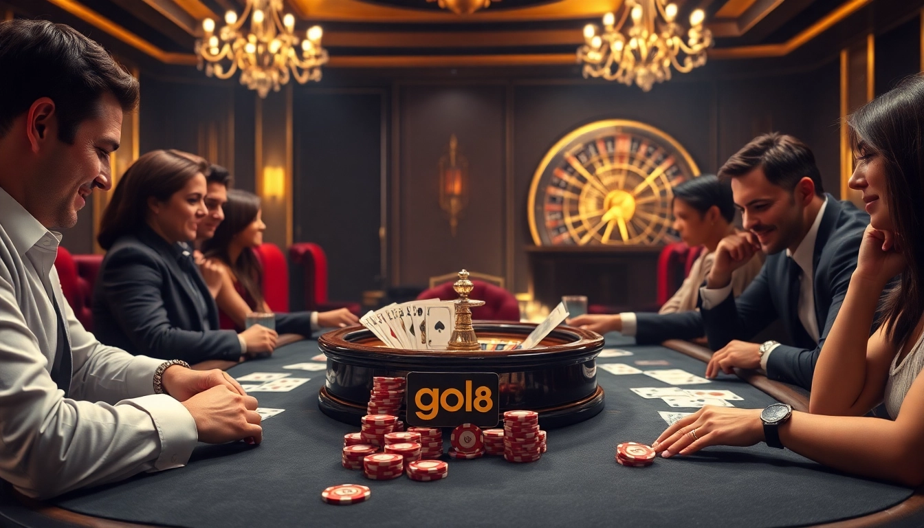 Players strategize at a lively poker table in an upscale casino, with go8 chips and cards highlighting thrilling gameplay.