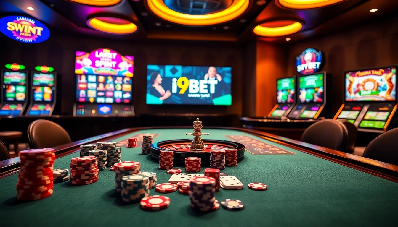 I9BET's dynamic online casino featuring vibrant poker chips and roulette wheel.