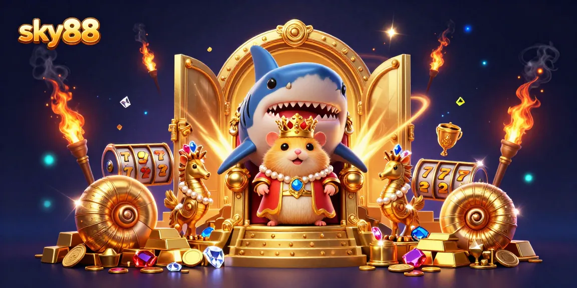 Celebrate victories at sky88 with a vibrant scene of the golden hamster king amidst casino treasures.