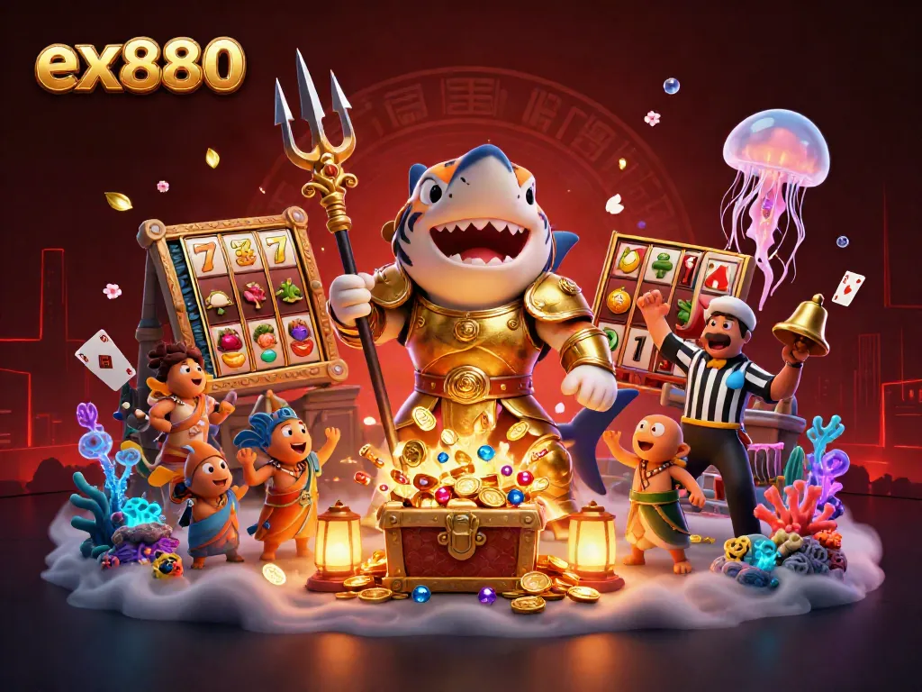 Spin the ex880 jackpot from an underwater casino scene filled with vibrant characters and treasures.