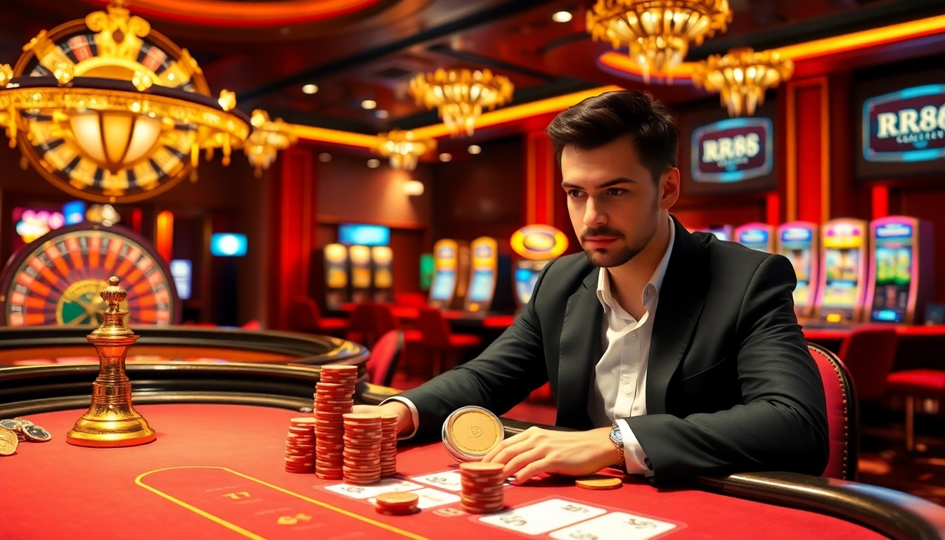 Exciting gameplay at RR88's online casino with vibrant poker tables and betting slips.