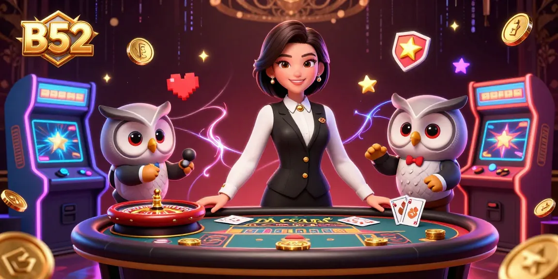 B52 casino experience with professional dealers and vibrant game elements, engaging players in a dynamic atmosphere.