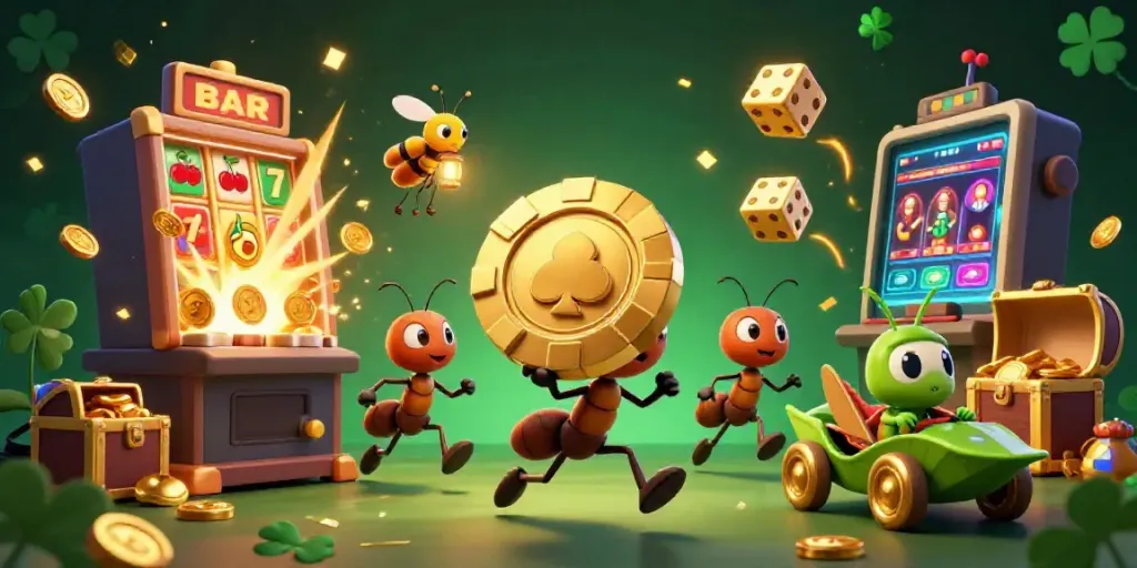 Join the adventure in aa888 with ants carrying a giant poker chip amid casino symbols and rich visuals.