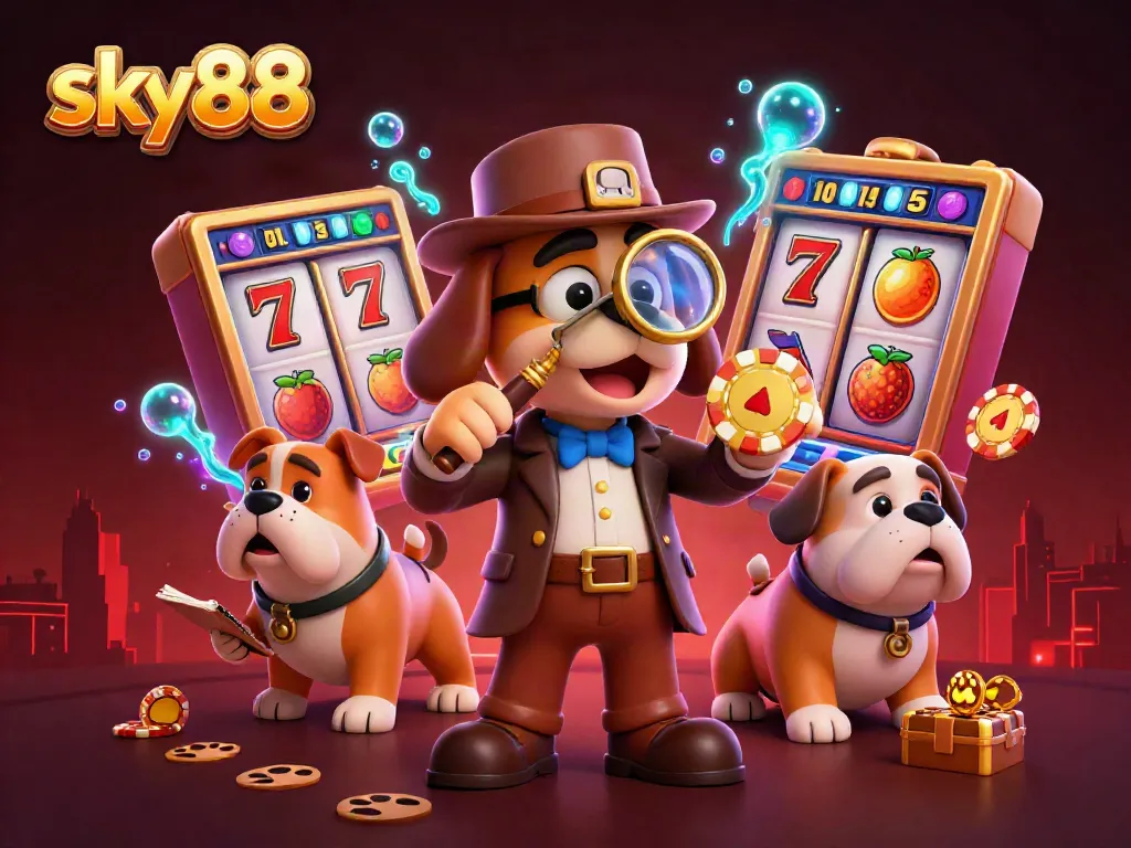 Experience the excitement of sky88 with a detective exploring a golden poker chip amidst vibrant slots and lucky symbols.