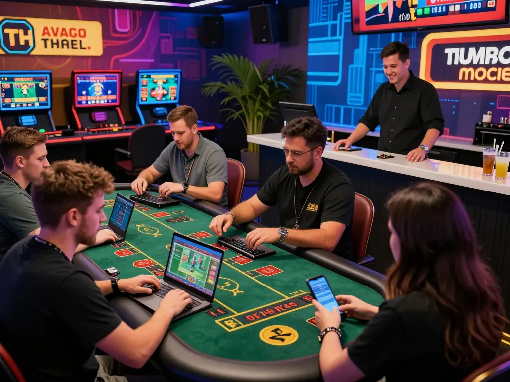 Interactive online gambling experience at TR88 featuring players at live casino tables and sports betting on devices.
