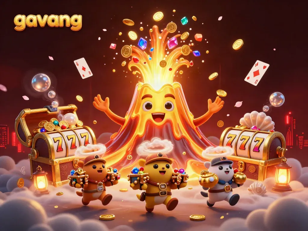Experience exhilarating gameplay with gavang as a golden volcano erupts treasure amidst dynamic casino elements.