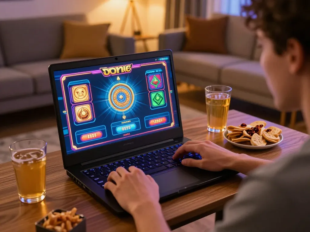 Engaging in an online JJNN slots game at home, highlighting vibrant graphics and a cozy atmosphere.