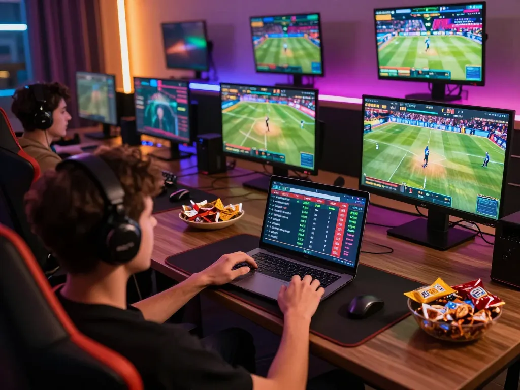Player engaging in hbet online sports betting with a laptop, showcasing live odds and vibrant atmosphere