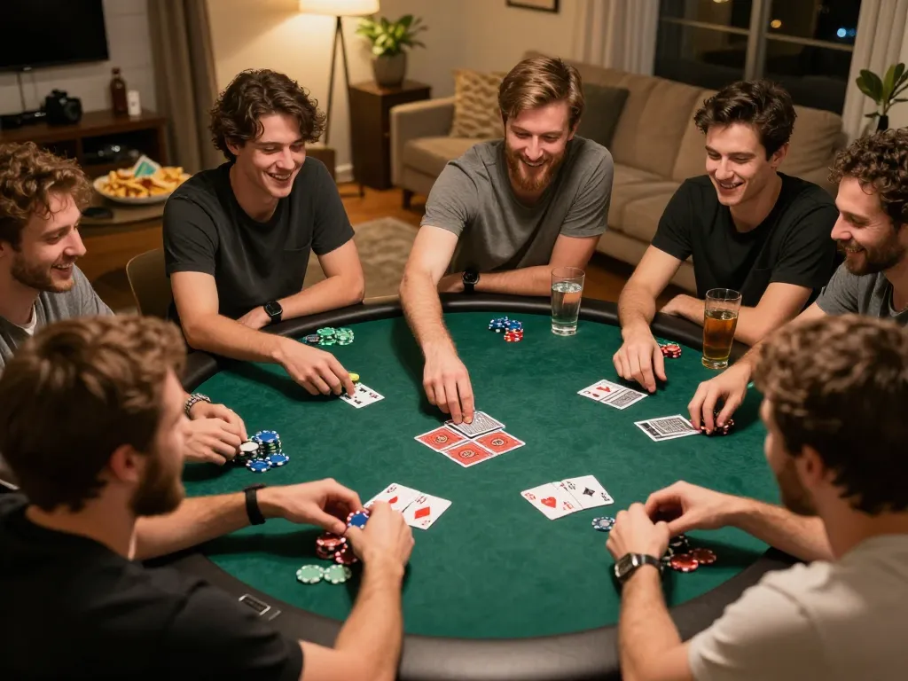 man88 players enjoying a friendly poker game at home with cheerful engagement and vibrant atmosphere