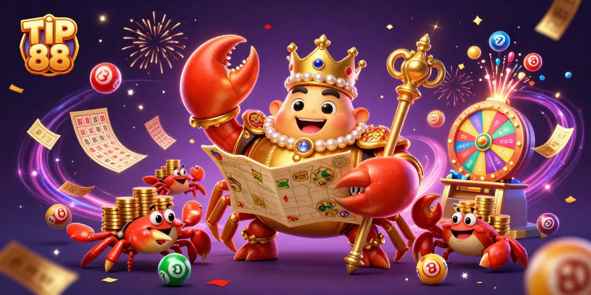 Engage with TIP 88's dynamic gaming scene featuring a golden crab emperor and vibrant game elements.