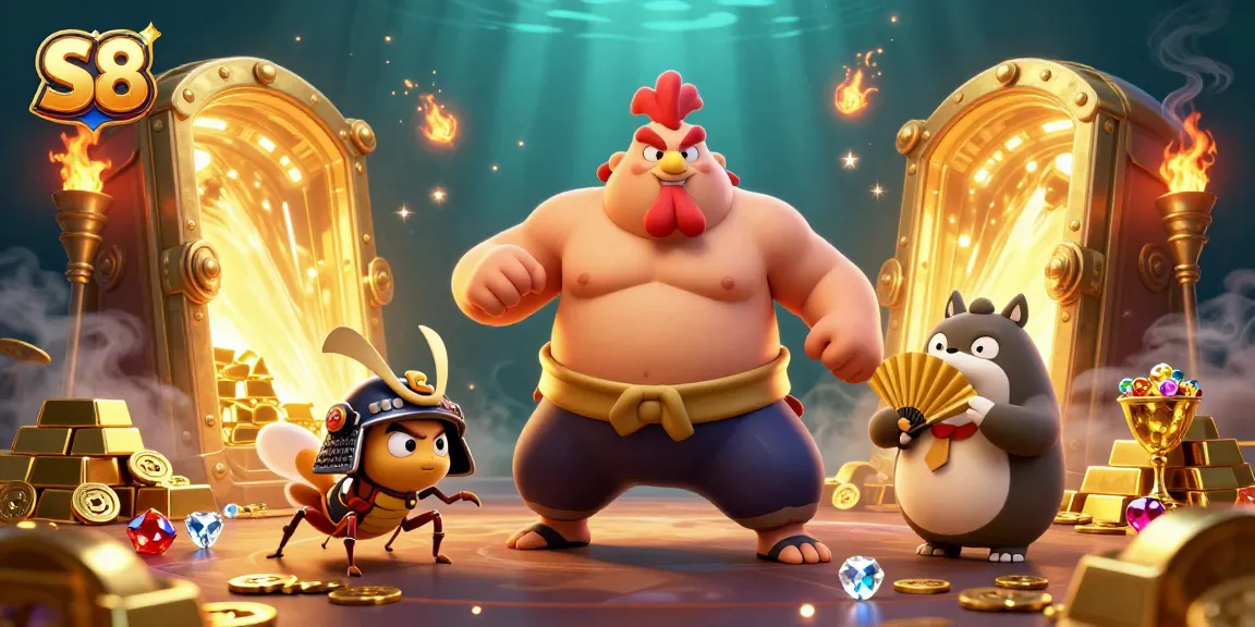 S8 promotes excitement as a powerful sumo rooster stomps through a treasure-filled casino scene, revealing hidden jackpots.