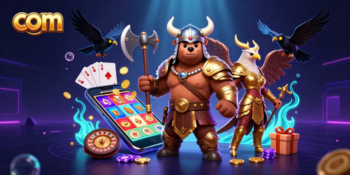 Engage in thrilling gameplay at com with a dynamic Viking-themed casino illustration featuring characters and games.