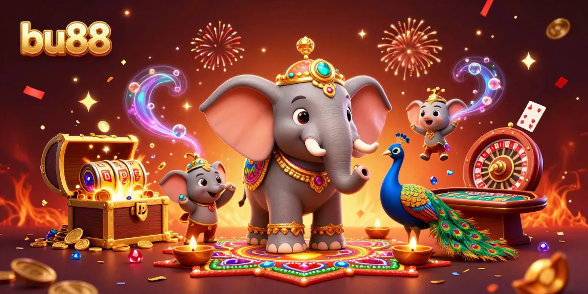 Spin winning slots at bu88, featuring vibrant casino elements and a lively Diwali theme.