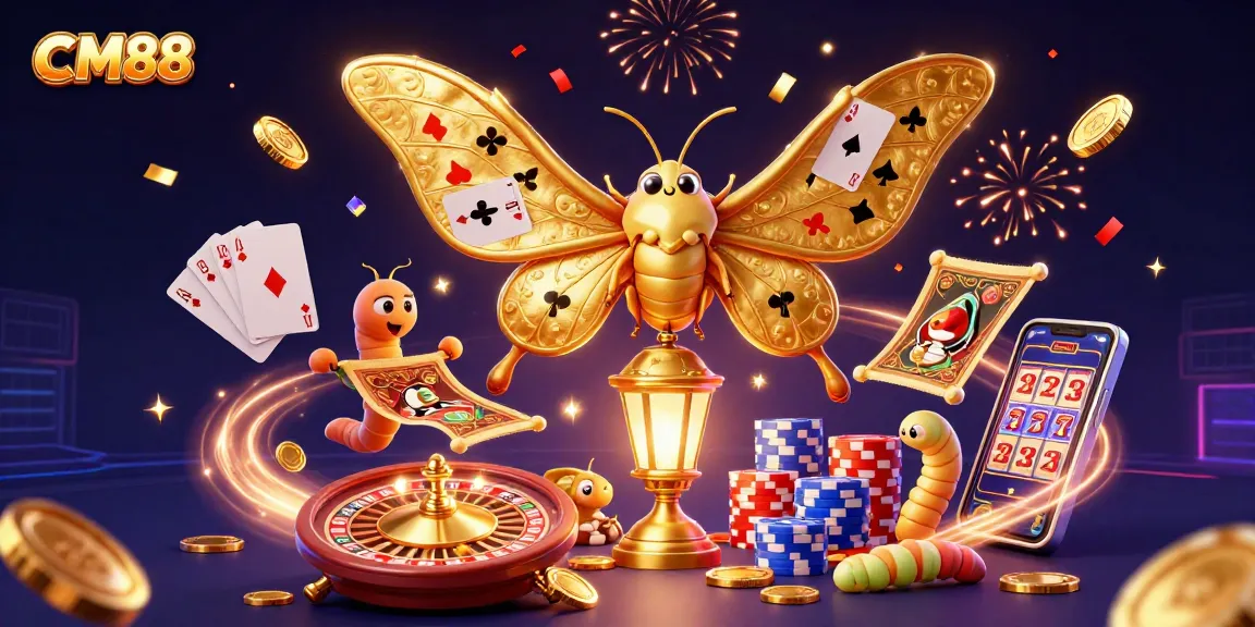 Experience the thrill of CM88 with a dazzling 3D casino scene featuring golden moths and festive elements.