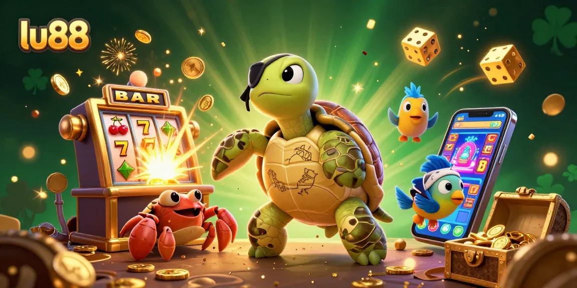 Engaging lu88 experience with a vibrant scene of cartoon characters and casino elements celebrating the thrill of betting.
