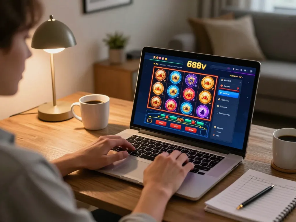 Engaging online casino session at 688v, showcasing a player immersed in gaming.