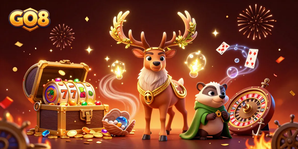 Experience the excitement of GO8 with a vibrant 3D casino scene filled with symbols of winning.