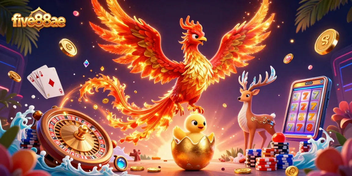 Experience thrilling action at five88ae with a vibrant casino scene featuring a phoenix and exciting games.