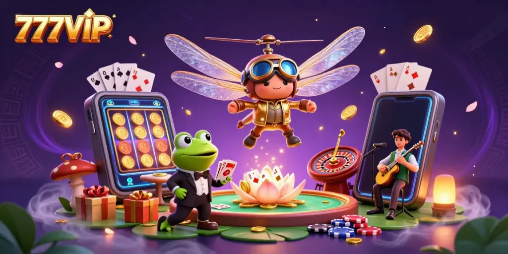 Engage with 777VIP's thrilling casino atmosphere, with a cartoon dragonfly pilot, frog croupier, and jazz musicians in a vibrant casino setting.
