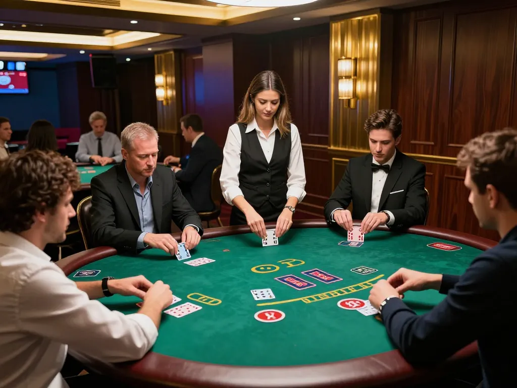 Hit club blackjack table with players strategizing their next moves in a luxurious setting