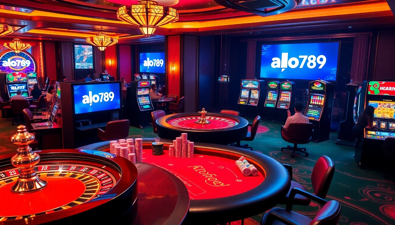 Experience the vibrant excitement of gambling at alo789 with lively poker tables and slot machines.