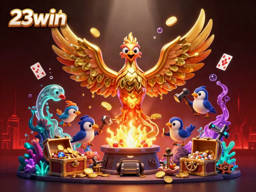 Experience thrilling gameplay at 23win with dynamic casino visuals featuring a golden phoenix and treasure.