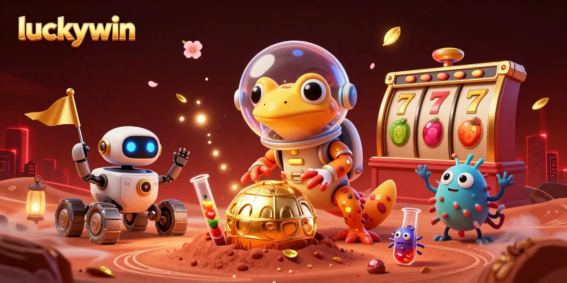 Experience the excitement of luckywin with a cheerful Martian gecko discovering a vibrant golden casino.