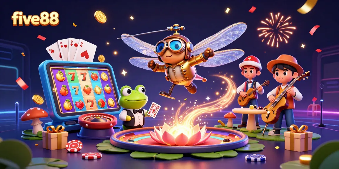 Experience excitement at five88 with a vibrant casino scene featuring a dragonfly pilot and frog dealer.