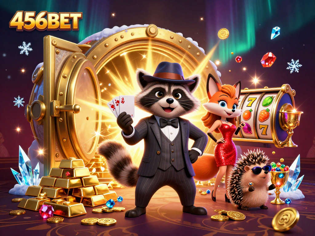The vibrant 456BET online casino scene depicts a suave raccoon, charming fox, and bouncer celebrating jackpot wins with slots and treasures.