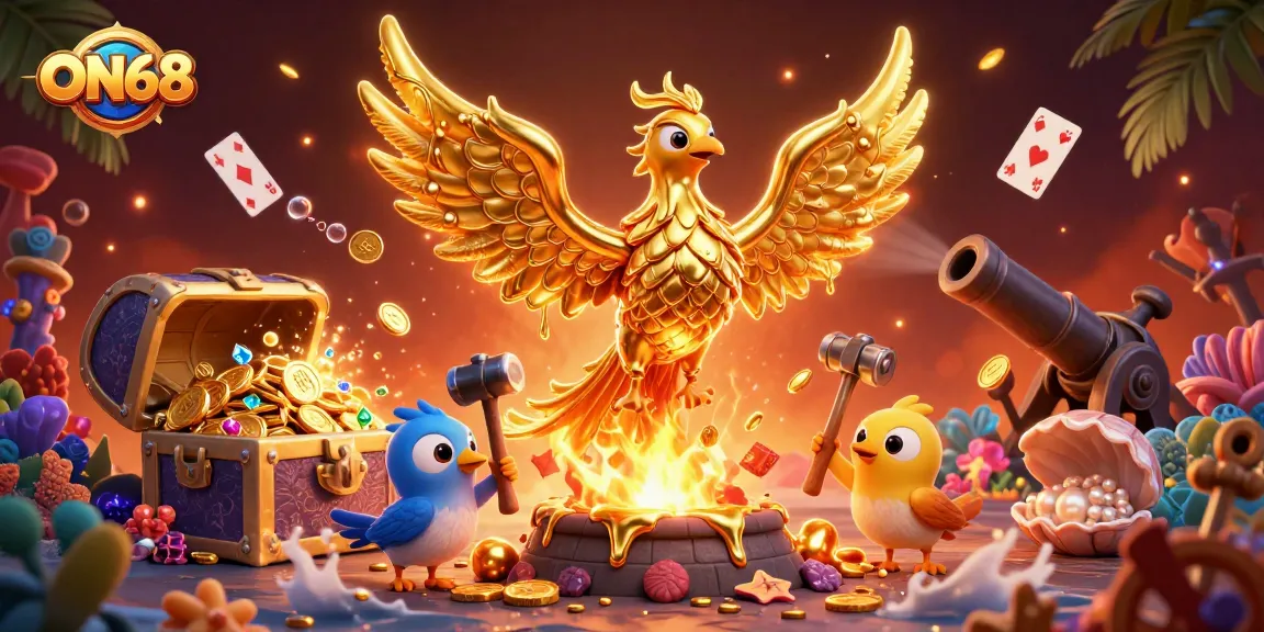 Experience the thrill of ON68 with a golden phoenix and treasure-filled scene in this dynamic casino illustration.