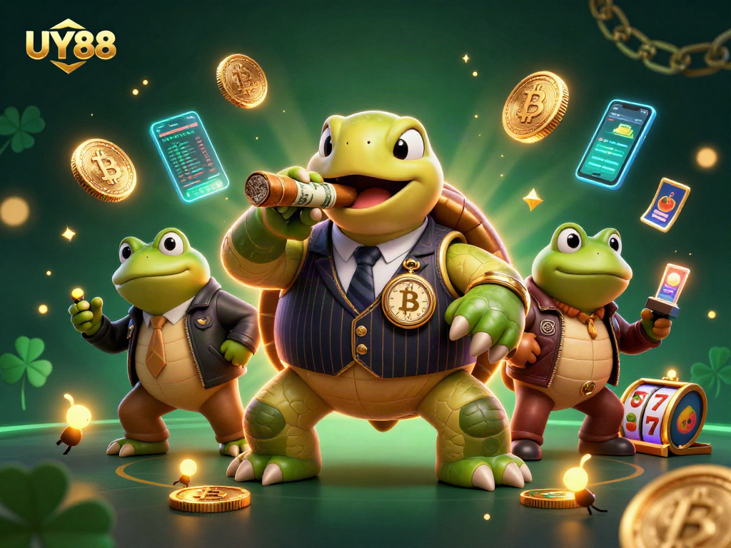 Engage with UY88 in a vibrant casino scene featuring a snapping turtle and his bullfrog enforcers.
