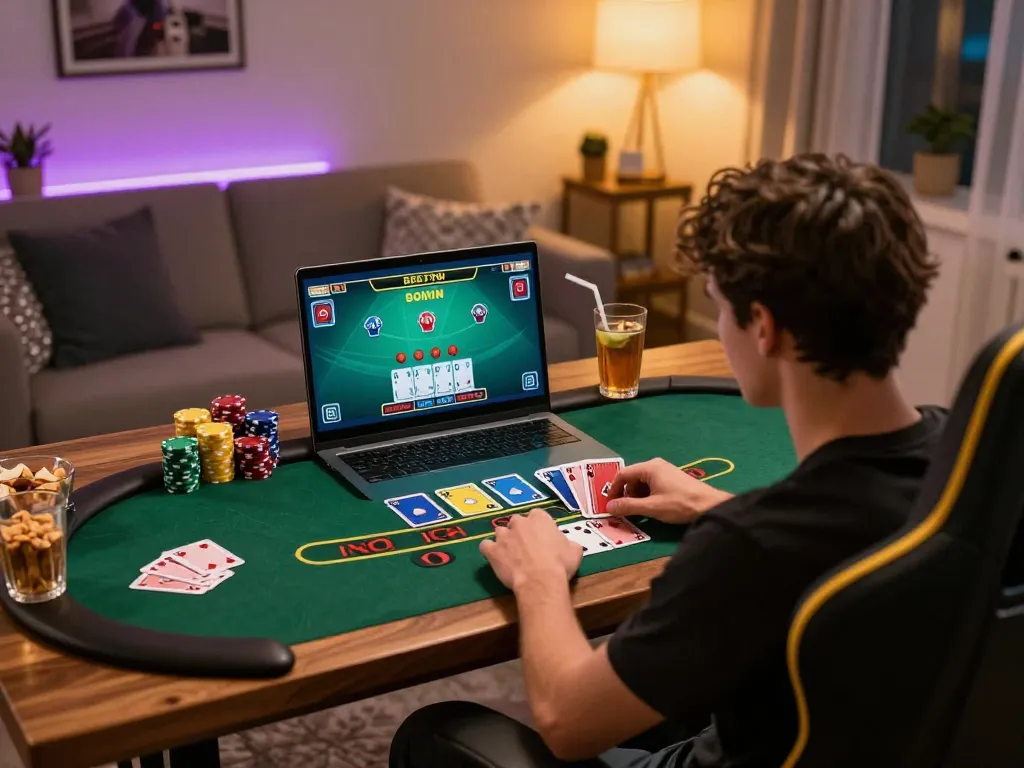 Engaged player making strategic decisions at home on gk888 online blackjack game.