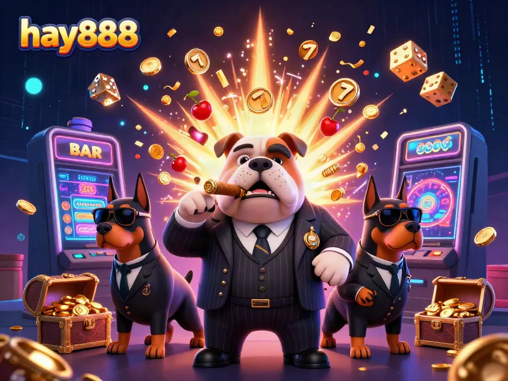 Experience thrilling action with hay888 at our vibrant casino scene featuring colorful slots and our charming mafia bulldog.