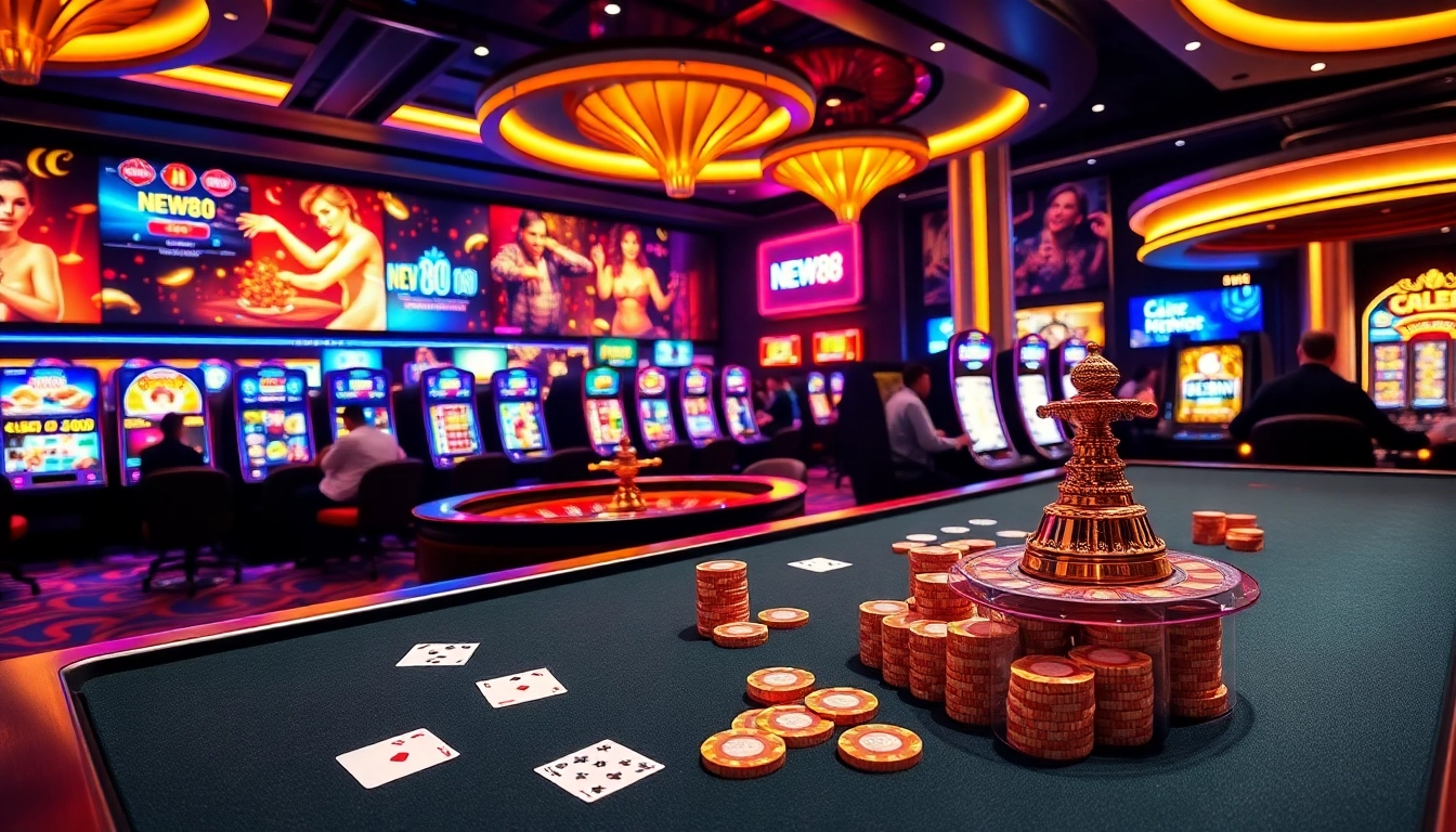 Experience high stakes betting at NEW88 casino with vibrant tables and exciting slot machines.