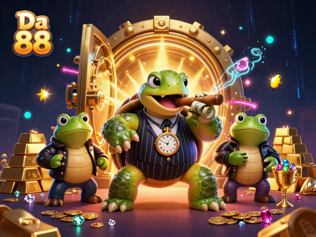 Experience the thrill of Da 88 with a vibrant 3D casino scene featuring a turtle in a mobster suit.