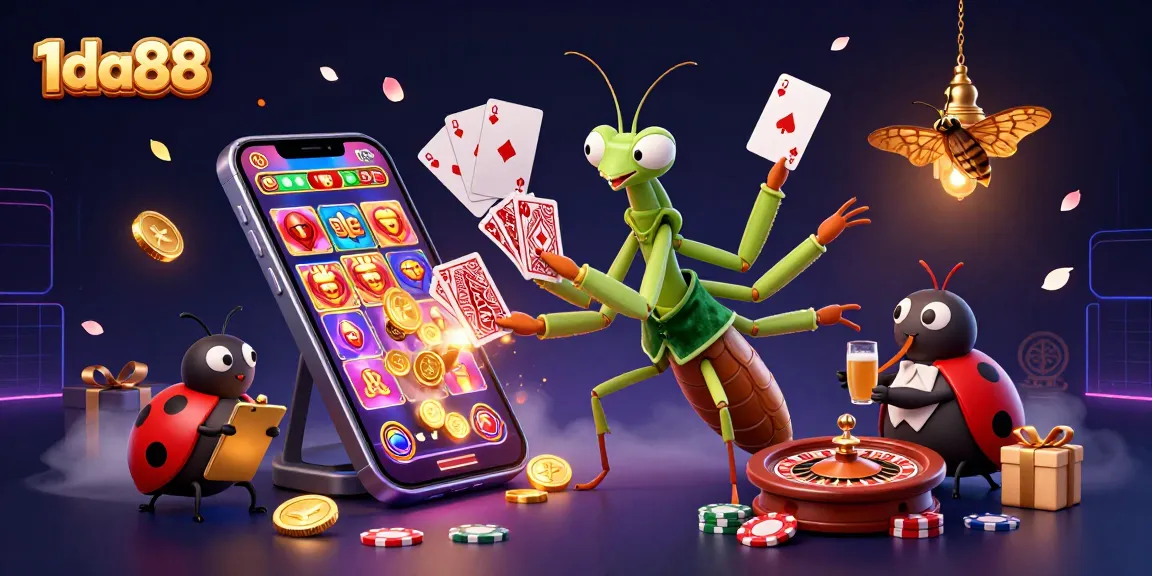 Experience a lively 1da88 casino scene with a giant praying mantis and Ladybug pit boss amidst vibrant gaming elements.
