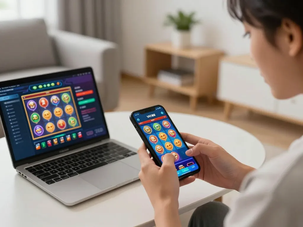 Exciting gameplay with nhà cái VIC88 app on smartphone in a stylish home setting.