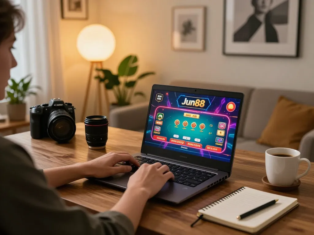 Engaging in Jun88 online gaming with a laptop setup showcasing live dealer gameplay and strategic notes