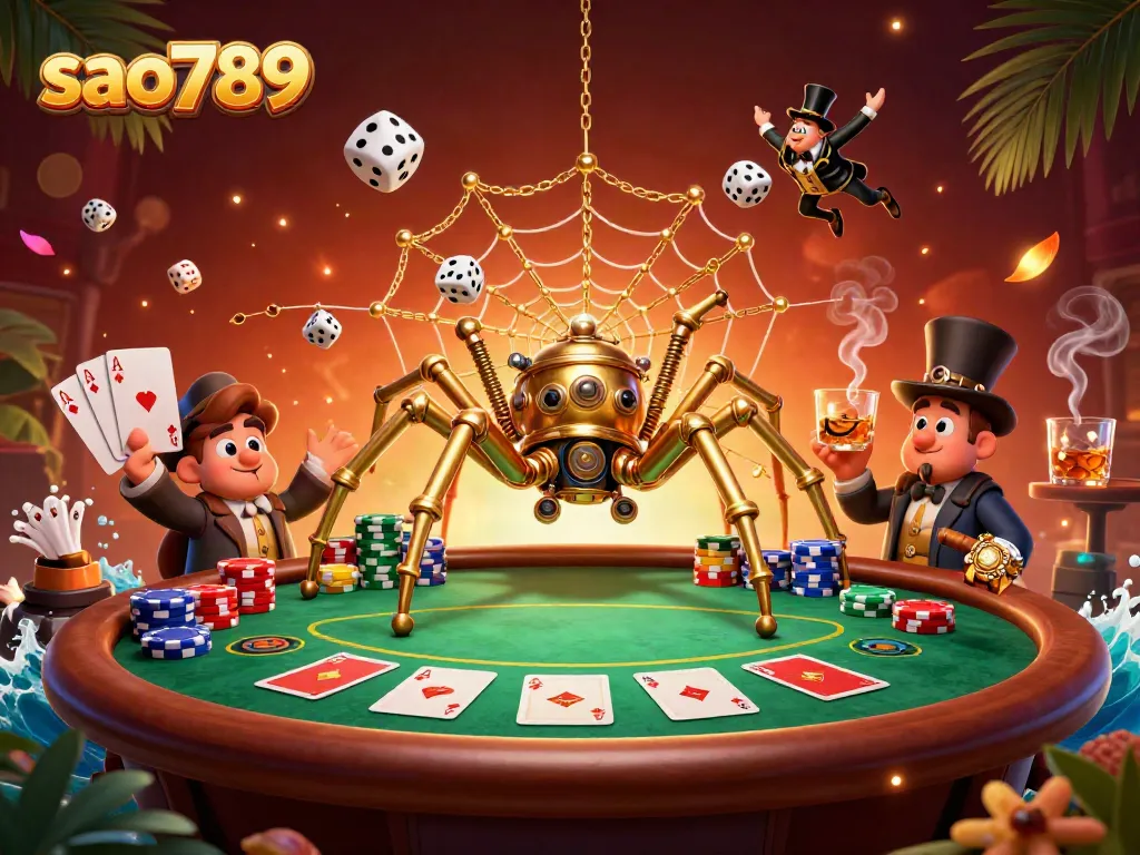 Sao789 showcases a vivid 3D illustration of a steampunk spider and fly gentleman amidst vibrant casino elements, captivating gamers.