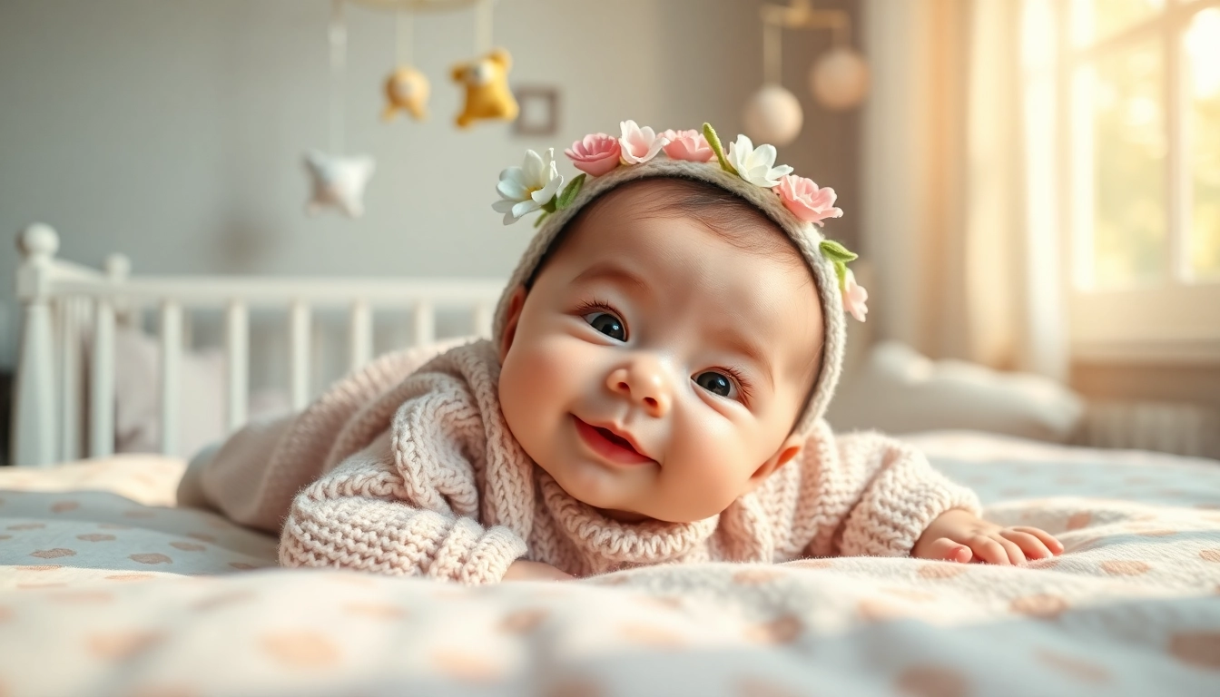 Engaging Babyfotografie of an adorable baby with a flower crown in a bright nursery setting.