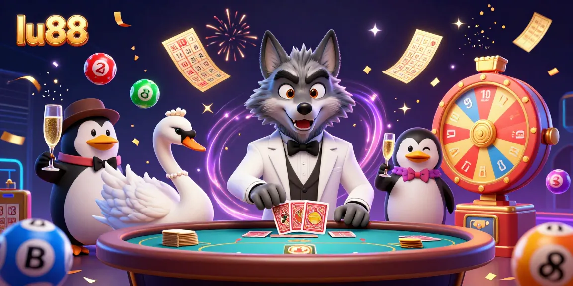 Experience excitement at lu88 with a charming wolf, elegant swan, and sophisticated penguin amidst vibrant casino games.