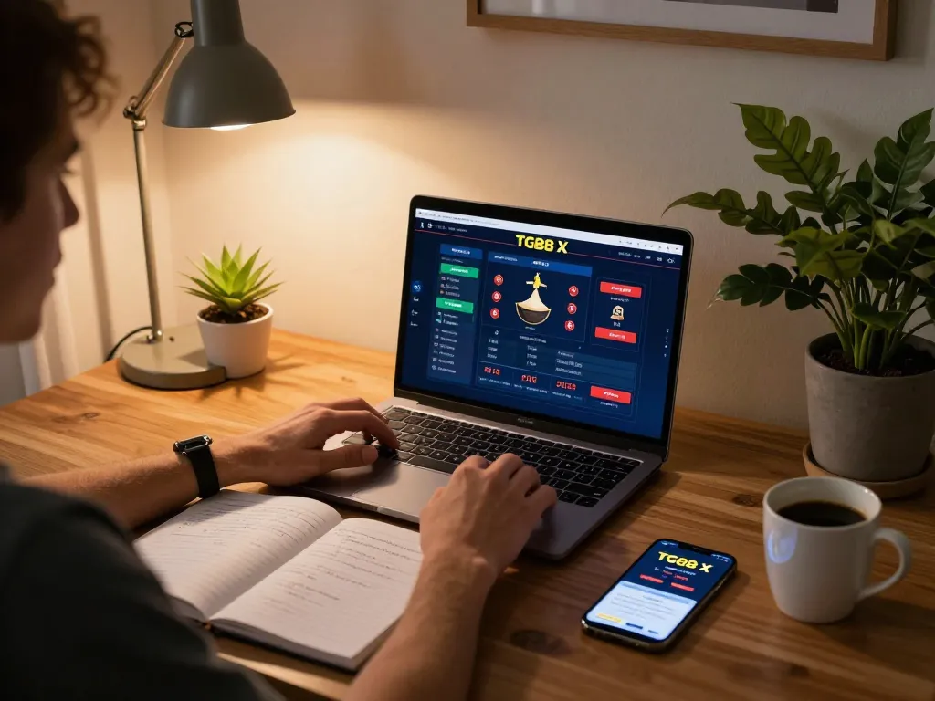 Engaging with TG88 X on a laptop, showcasing strategic online gambling setup in a cozy home office