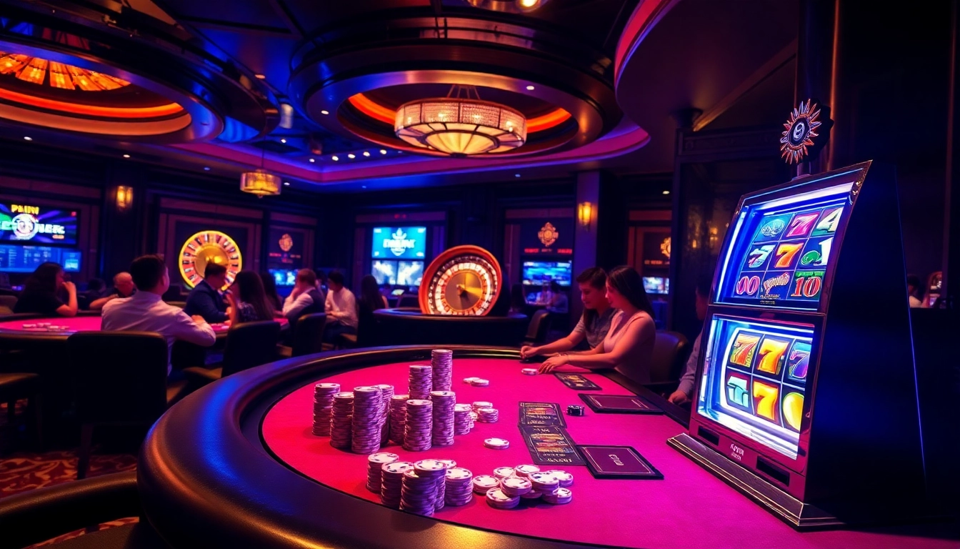 Experience the thrill of tài xỉu sunwin at an electrifying casino table surrounded by excited players and vibrant slot machines.